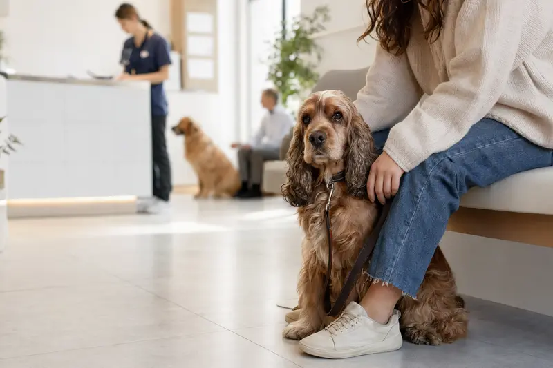 Ein Amerikanischer Cocker Spaniel sitzt entspannt neben seinem Besitzer im hellen Wartezimmer einer modernen Tierarztpraxis.